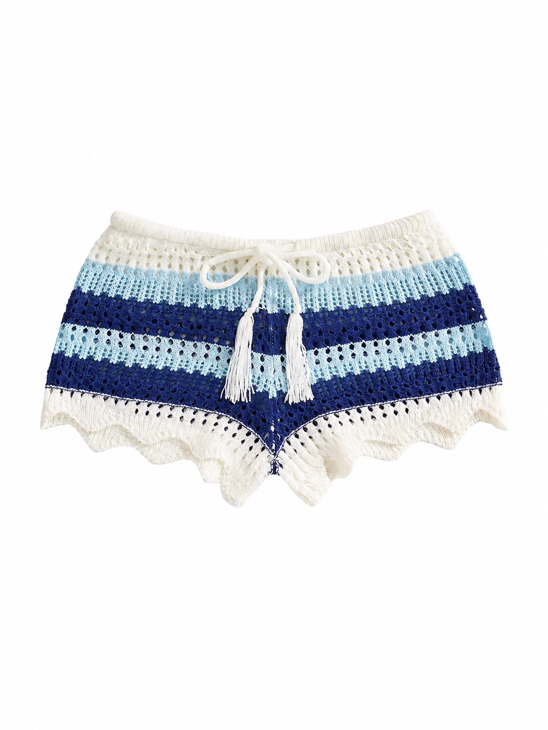Short Feminino de Crochê Listrado Azul e Branco com Cordão Ajustável