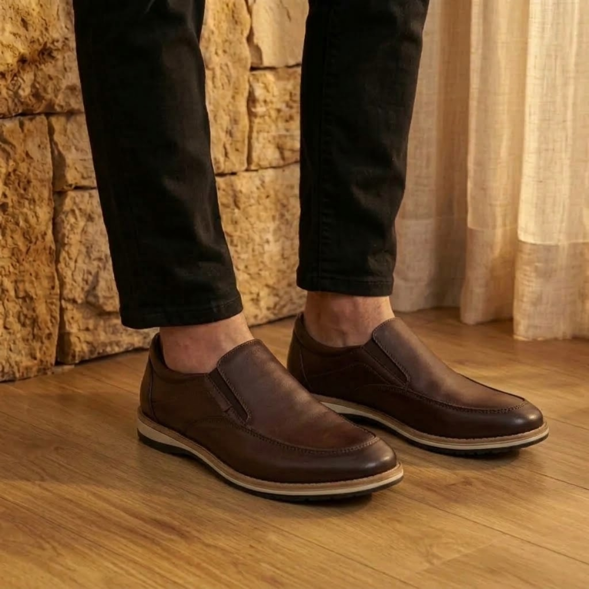Tênis Masculino Slip On De Couro Legítimo Confortável