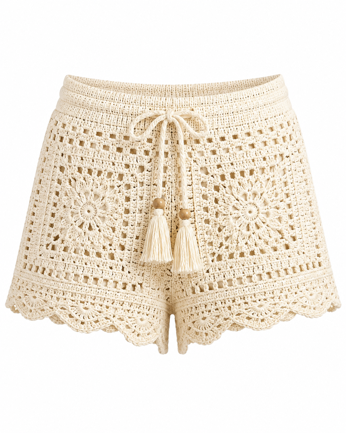 Short Feminino Adulto de Crochê Bege com Cordão Ajustável e Tassel