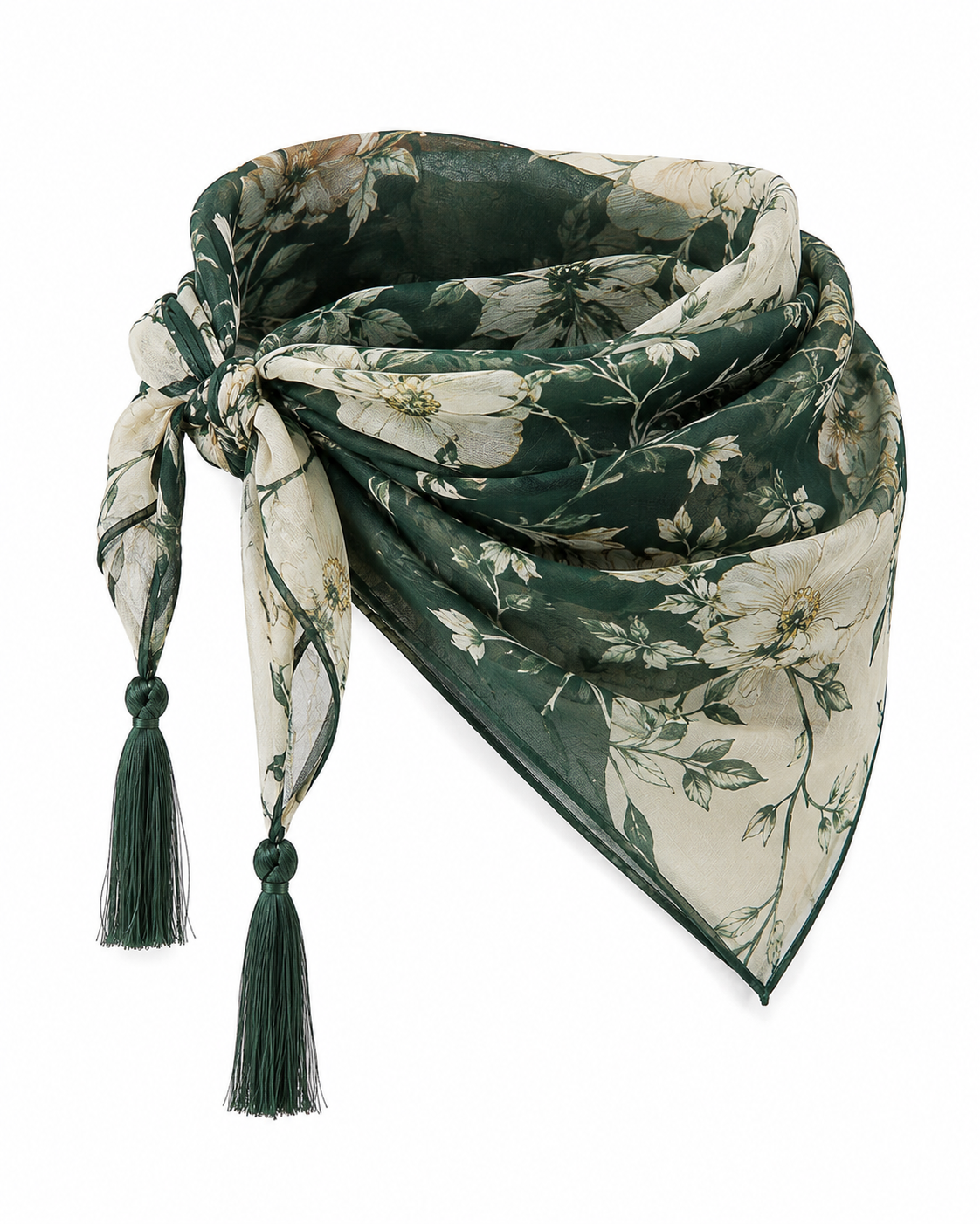 Lenço Feminino Floral Verde com Franjas Decorativas e Estampa Elegante