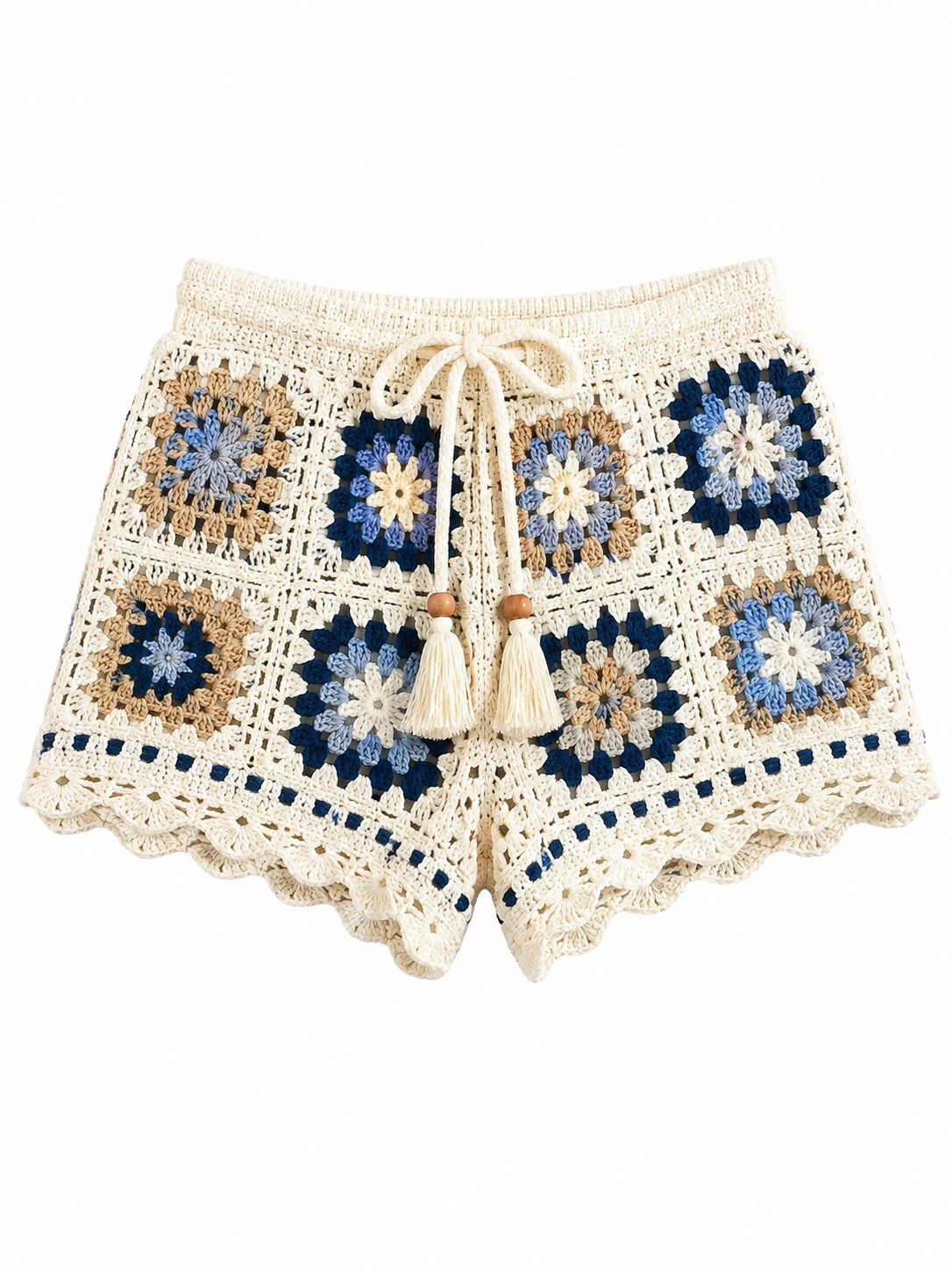 Short Feminino Adulto de Crochê Granny Square Bege, Azul e Marrom com Cordão Ajustável