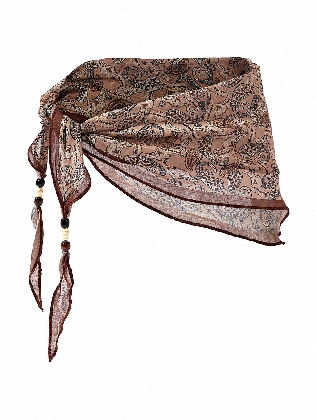 Lenço Feminino Estampado Paisley Marrom com Detalhes em Miçangas