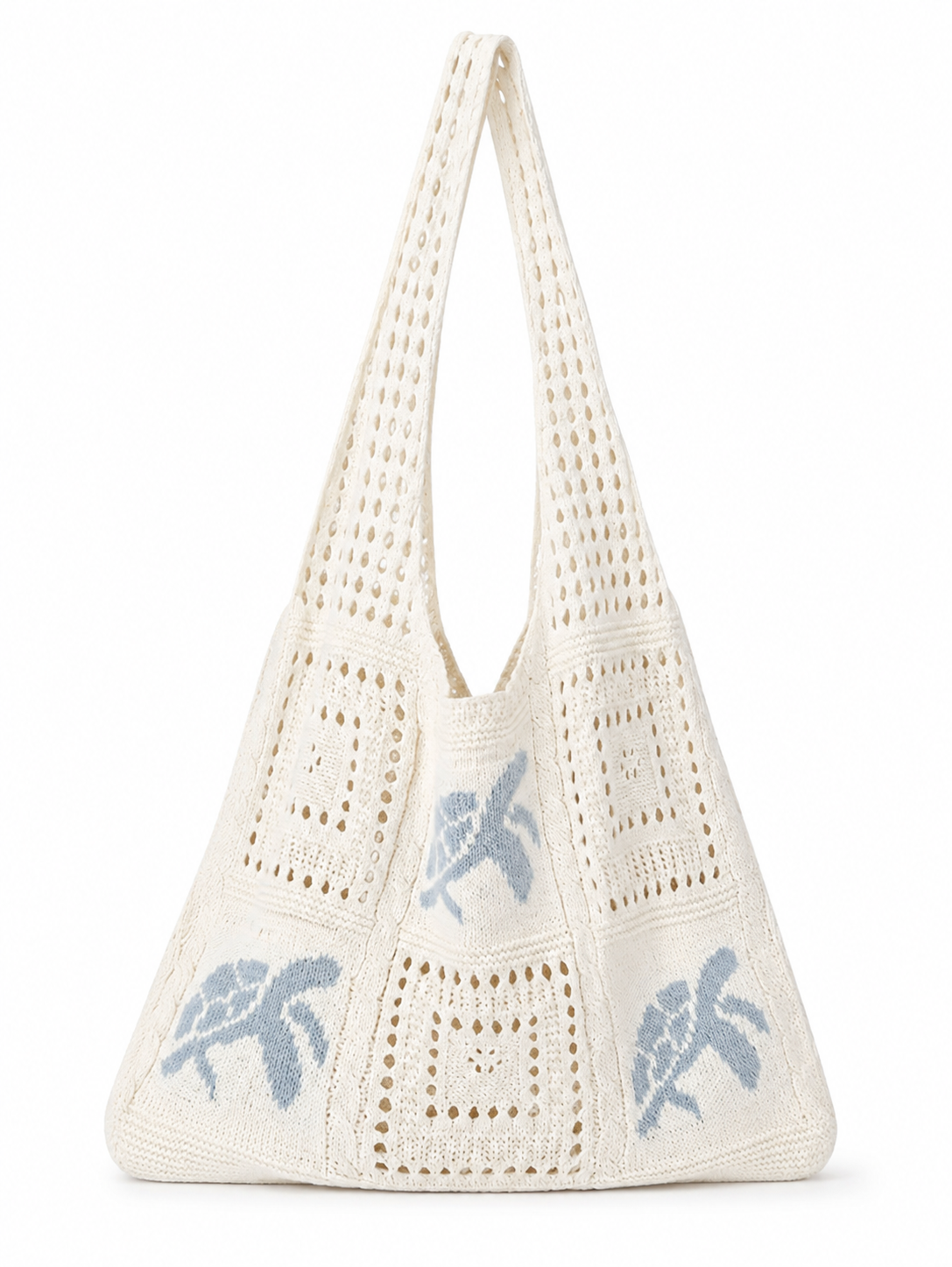 Bolsa Feminina de Crochê Off-White com Estampa Azul e Alça de Ombro