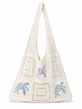 Bolsa Feminina de Crochê Off-White com Estampa Azul e Alça de Ombro