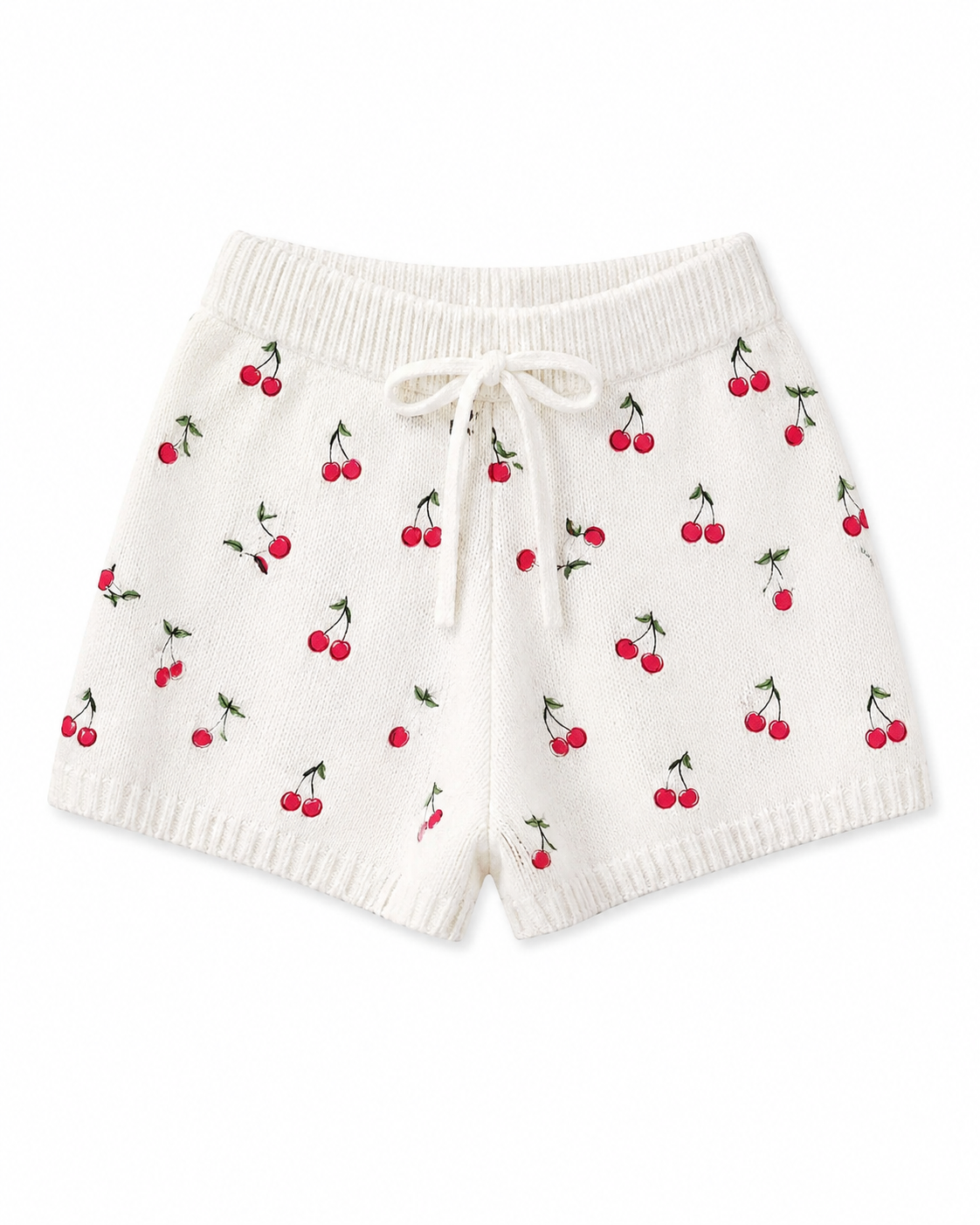 Short Feminino de Tricô Branco com Estampa de Cerejas e Cordão Ajustável