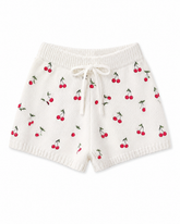 Short Feminino de Tricô Branco com Estampa de Cerejas e Cordão Ajustável