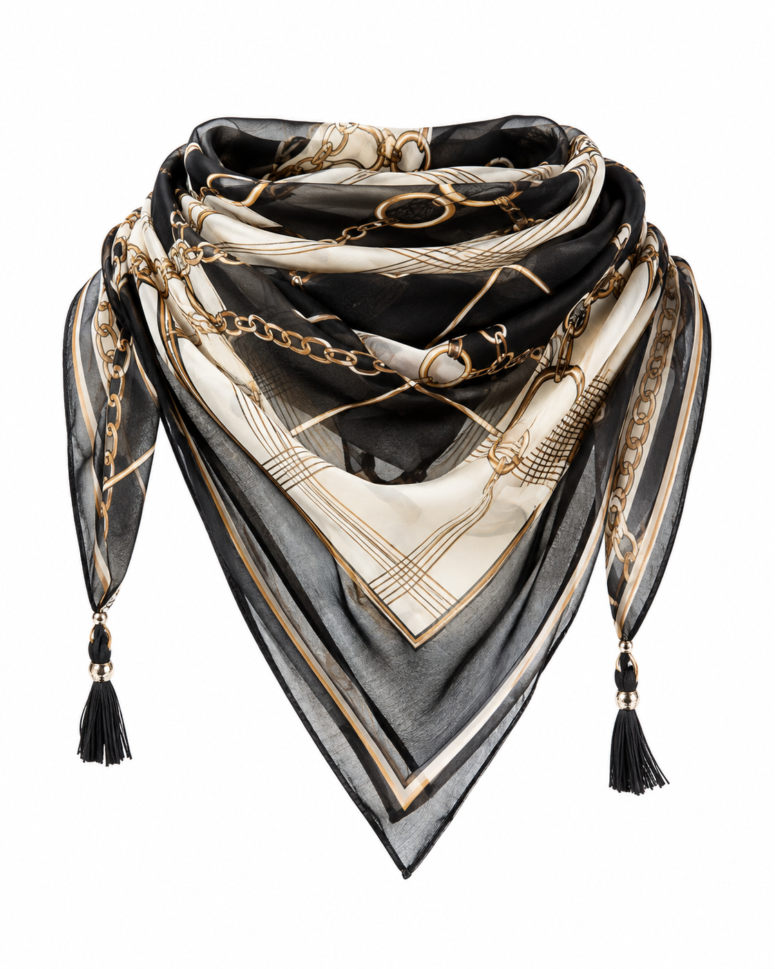 Lenço Feminino Estampado Preto e Bege com Correntes e Tassel Decorativo