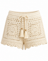 Short Feminino Adulto de Crochê Bege com Cordão Ajustável e Tassel