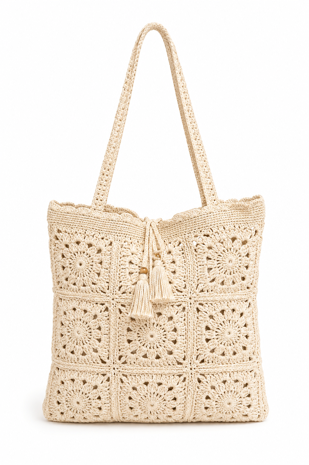 Bolsa Feminina de Crochê Bege com Alça de Ombro e Tassel Decorativo