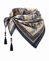 Lenço Feminino Floral Azul-Marinho e Bege com Tassel Decorativo