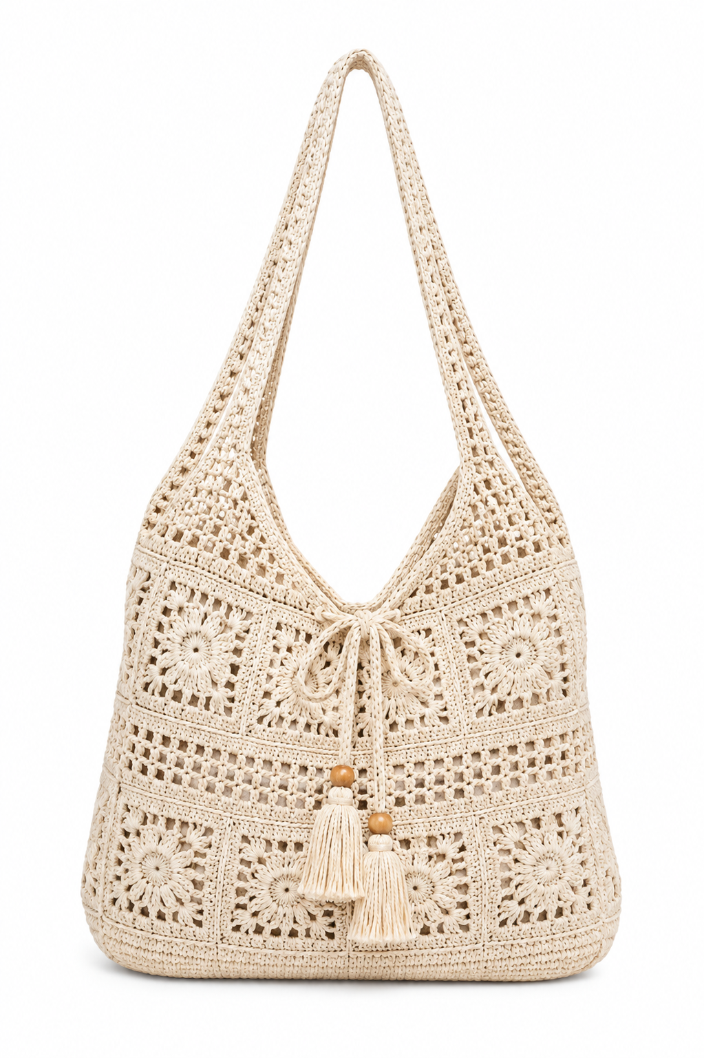 Bolsa Feminina de Crochê Bege com Alça Longa, Tassel e Detalhes Florais