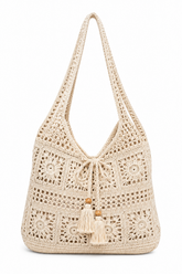 Bolsa Feminina de Crochê Bege com Alça Longa, Tassel e Detalhes Florais